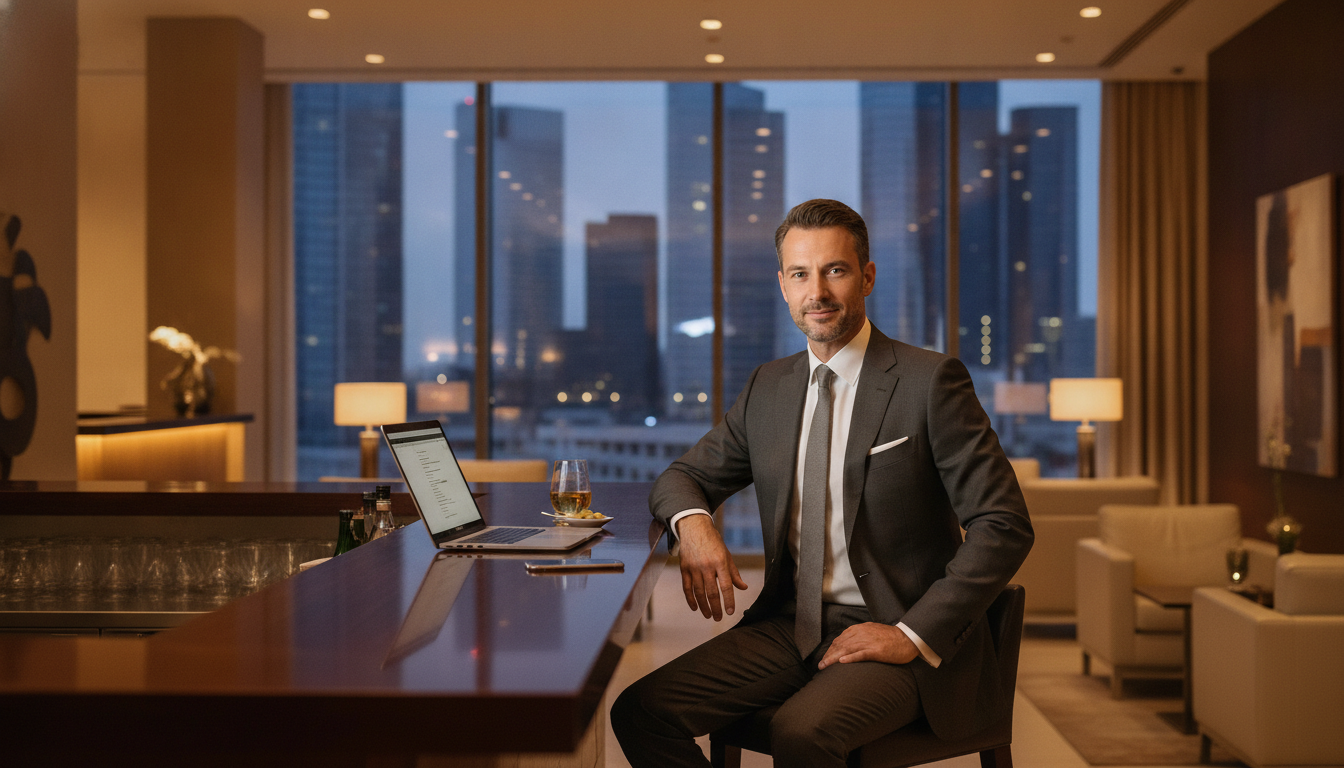 Uomo d'affari nella hall di un hotel nel quartiere finanziario di Frankfurt con vista sullo skyline