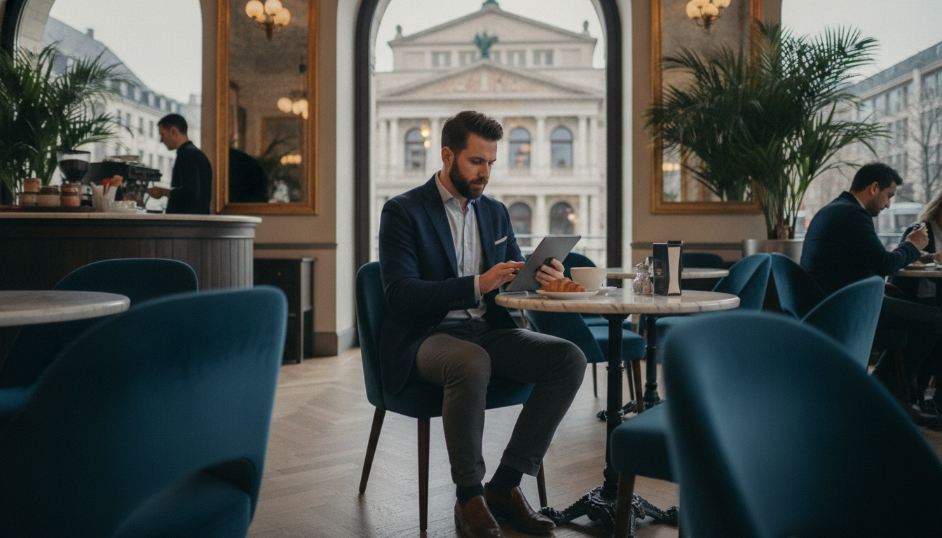 Uomo elegante cerca online in un caffè raffinato vicino all'Opera di Frankfurt