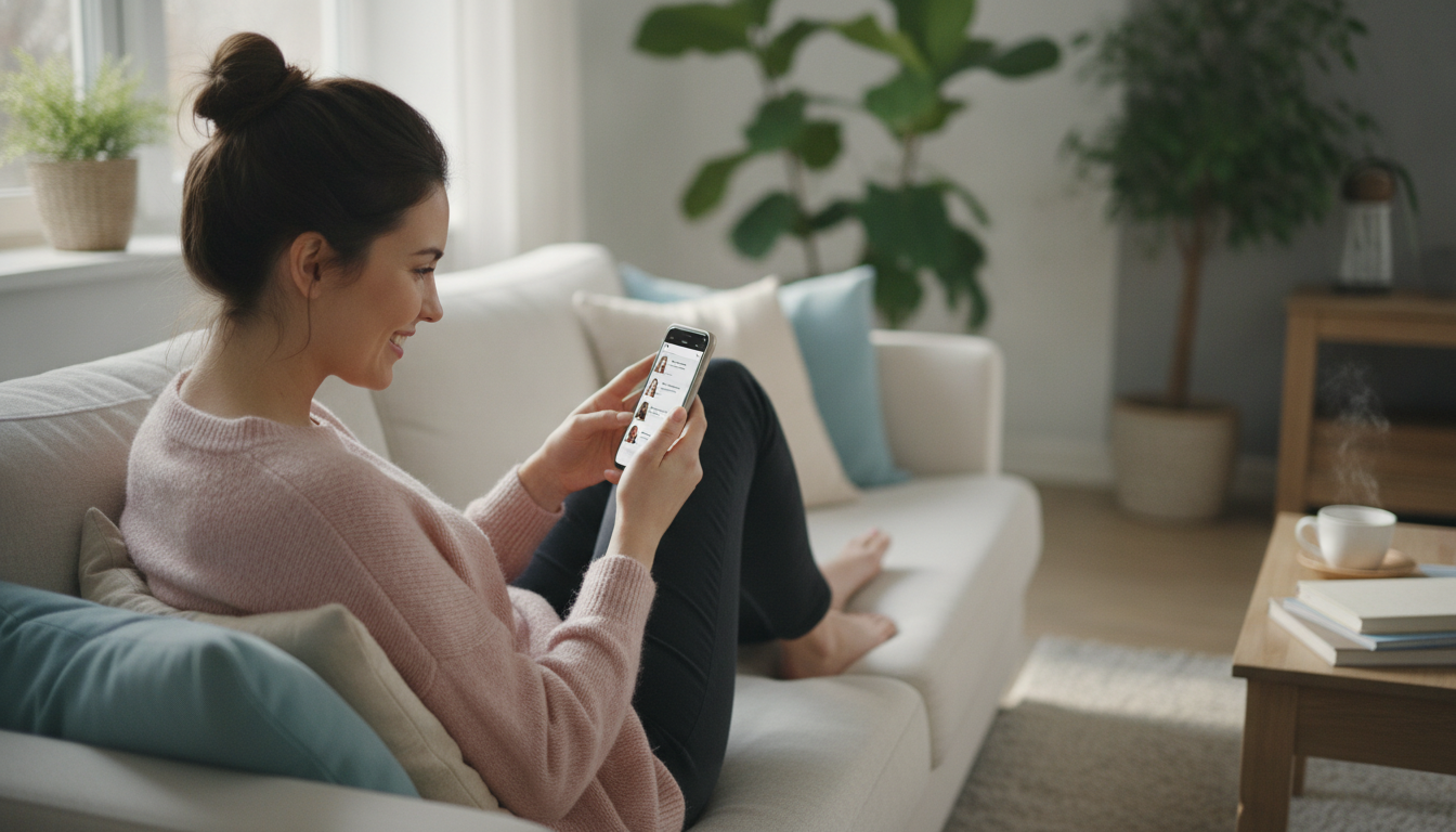 Junge Frau liest entspannt Nachrichten auf dem Smartphone zuhause