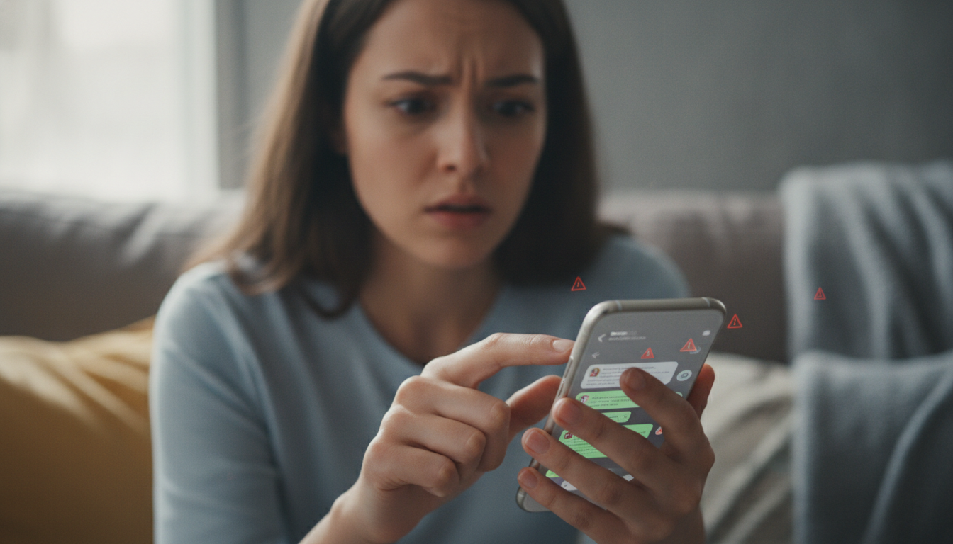 Mujer leyendo con desconfianza un mensaje de chat en su smartphone