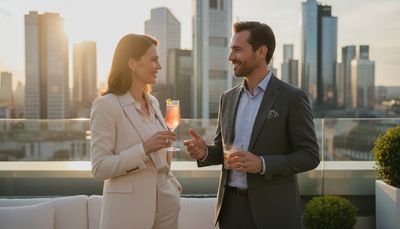 Coppia elegante si incontra in un rooftop bar con lo skyline di Frankfurt sullo sfondo